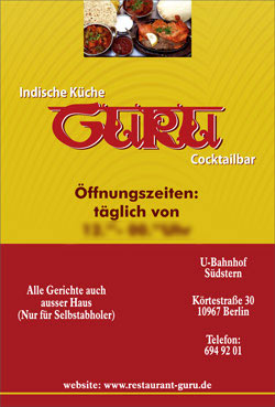 Speisekarte GURU deutsch